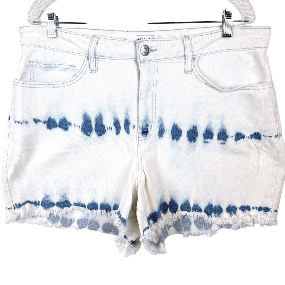 Ava Viv 14W White Blue Tie Dye High Rise Denim Shorts Raw Hem Plus Size Stretch